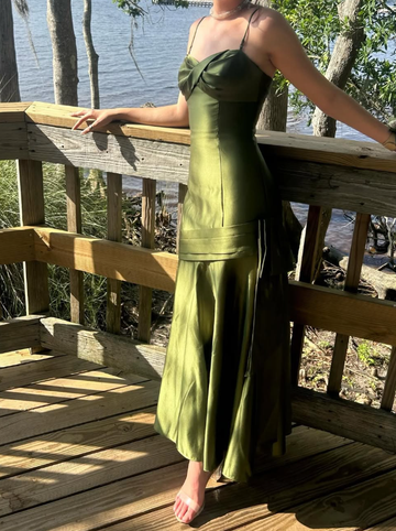 Vintage Mermaid Spaghetti Strap Green Satin Party Dress Evening Dress HZ1023